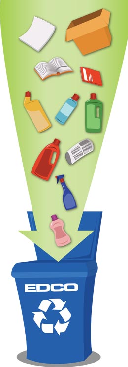 Illustration of recyclables going into a recycling bin